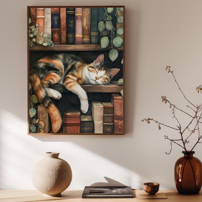 Cute Cat and Book Poster Victo - Victory Home Decor reseña y precio