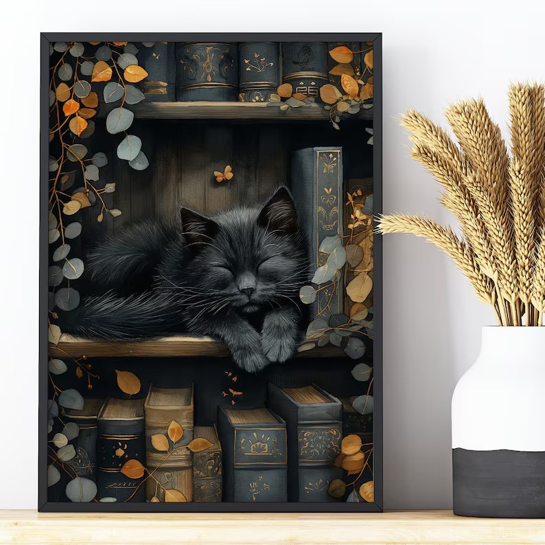 Cute Cat and Book Poster Victo - Victory Home Decor reseña y precio